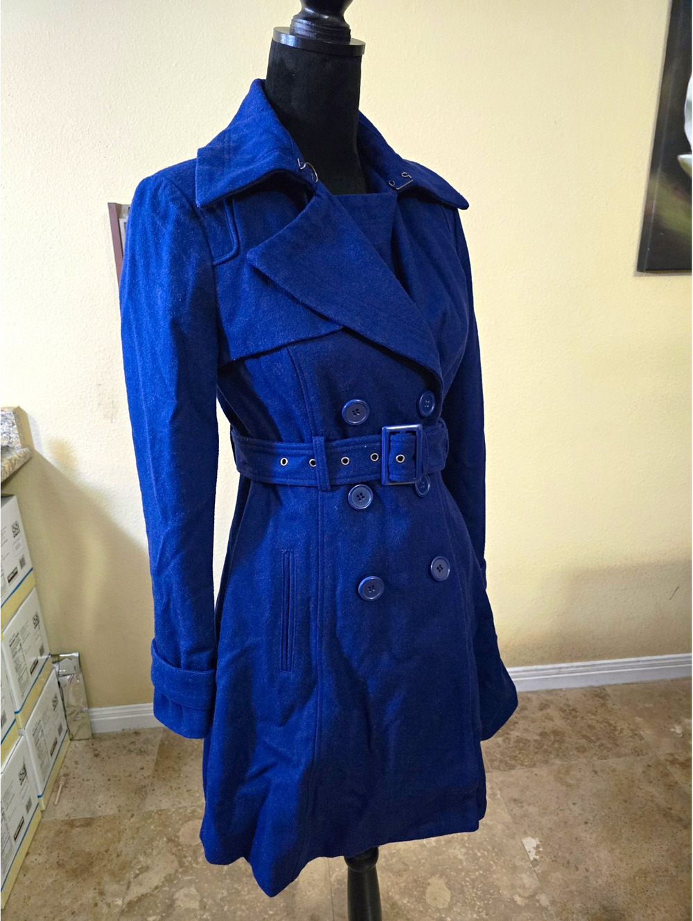 bebe Blueprint Royal Cobalt Blue Double-Breasted Belted Trench Coat XS Pockets